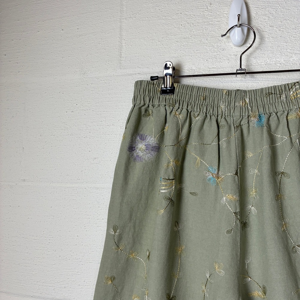 Vintage Pull On Linen Floral Embroidered Wide Leg Cropped Pant Size M Green - Picture 3 of 15